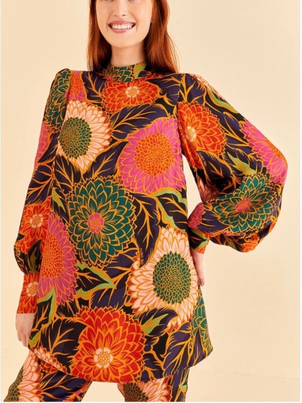 Farm Rio Bold Floral Long-Sleeve Tunic Dress in Multicolor